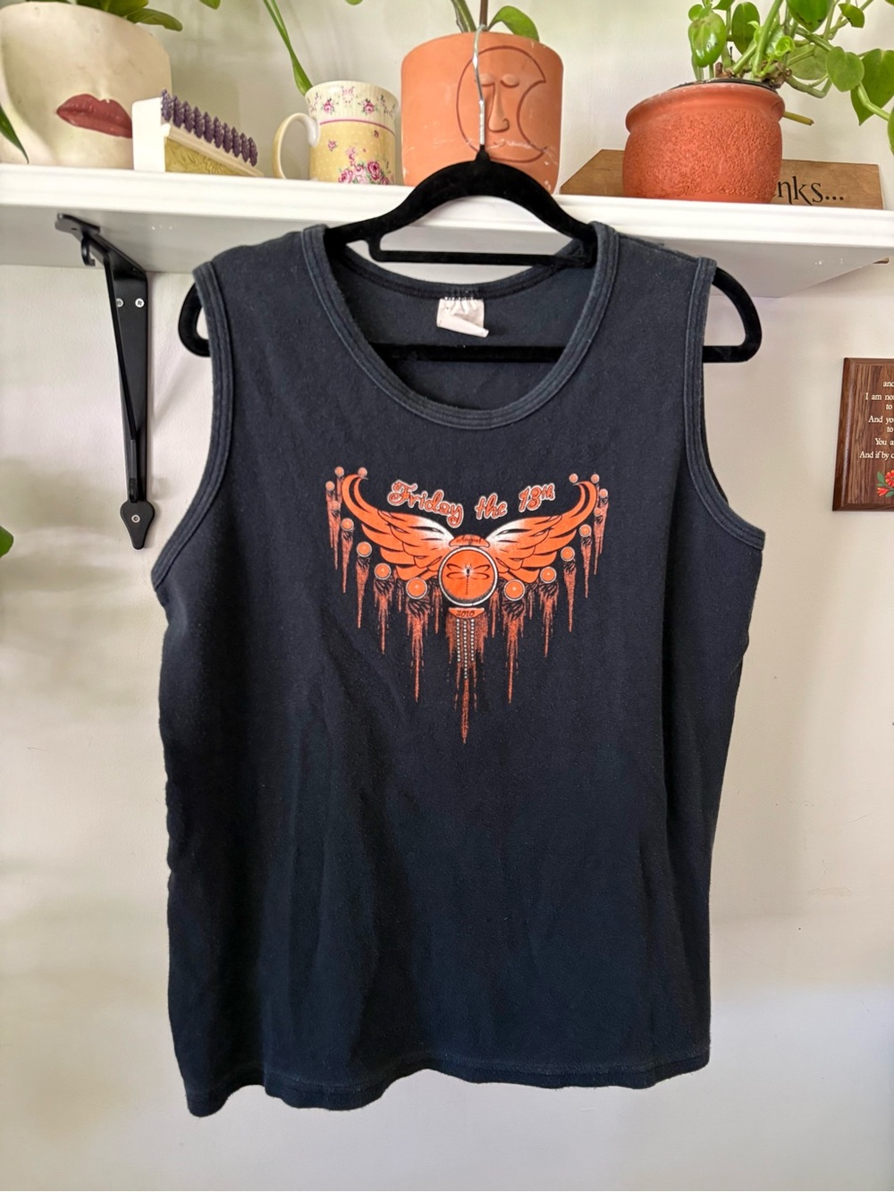 Friday 13th Biker Black Graphic Tank Top with Orange Wing Design